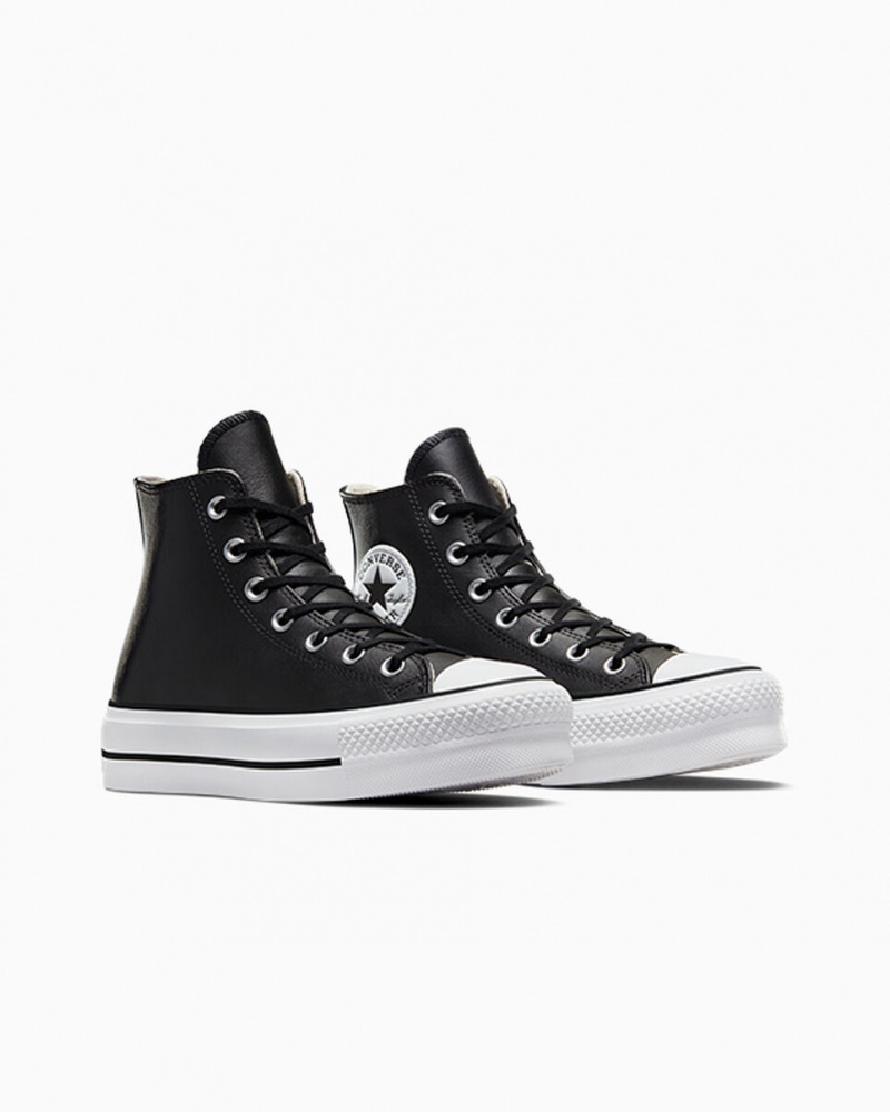 Converse Chuck Taylor All Star Lift Platformie Skórzane Czarne Czarne Białe | 104329-PTC