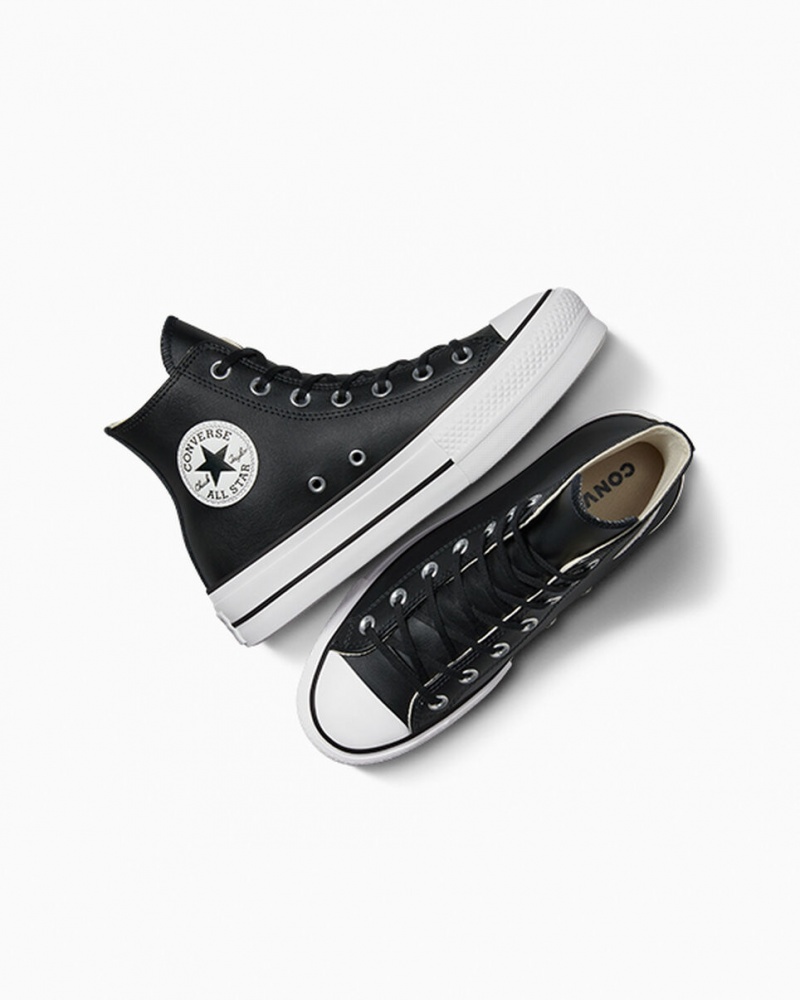 Converse Chuck Taylor All Star Lift Platformie Skórzane Czarne Czarne Białe | 104329-PTC