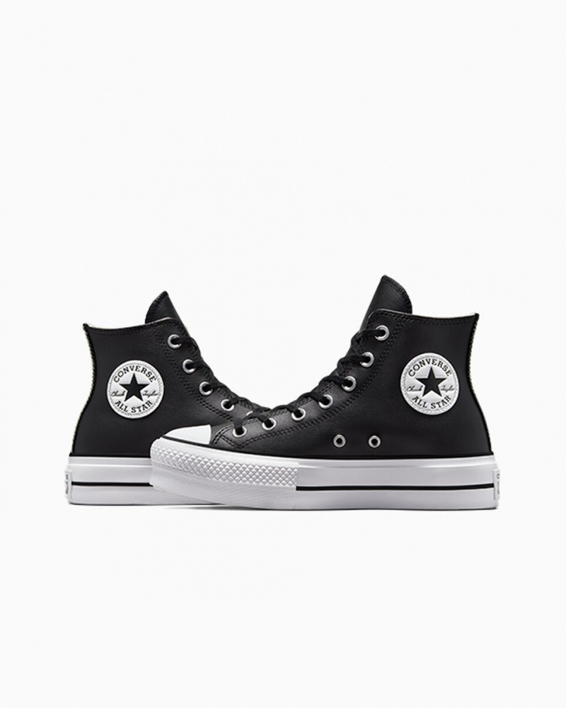 Converse Chuck Taylor All Star Lift Platformie Skórzane Czarne Czarne Białe | 104329-PTC