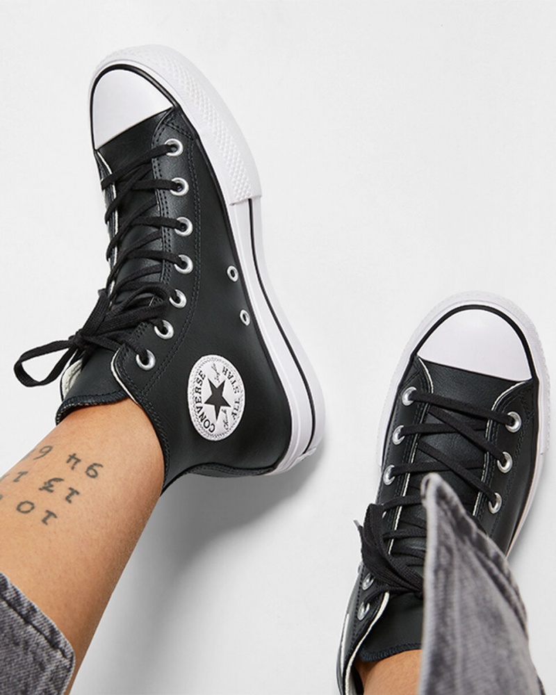 Converse Chuck Taylor All Star Lift Platformie Skórzane Czarne Czarne Białe | 104329-PTC